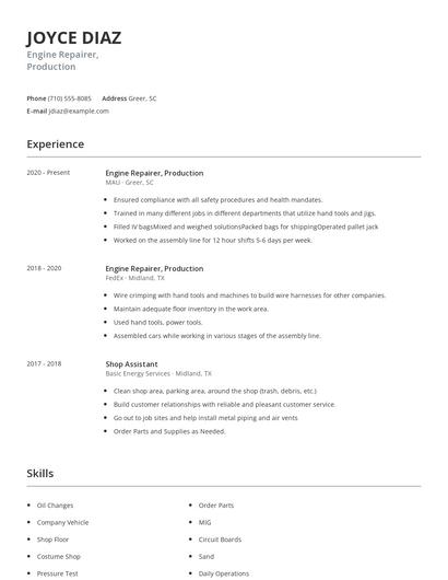 Engine Repairer, Production Resume