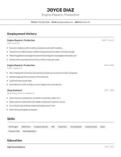 Engine Repairer, Production Resume