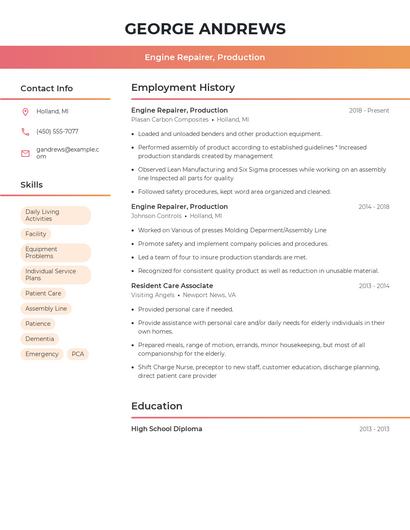 Engine Repairer, Production Resume