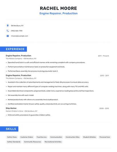 Engine Repairer, Production Resume