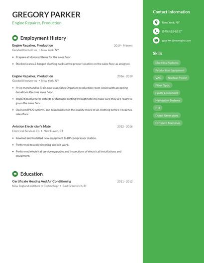 Engine Repairer, Production Resume