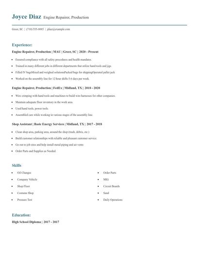 Engine Repairer, Production Resume