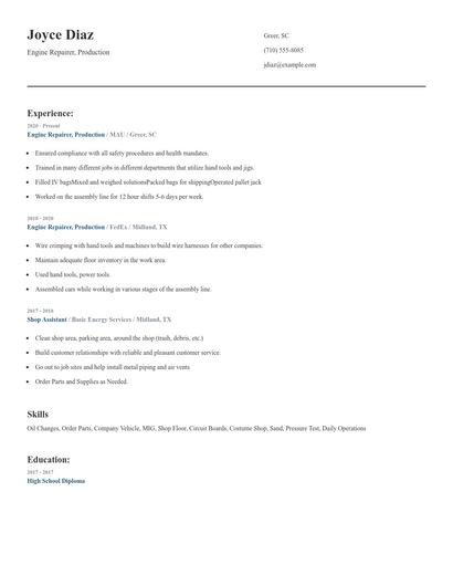 Engine Repairer, Production Resume