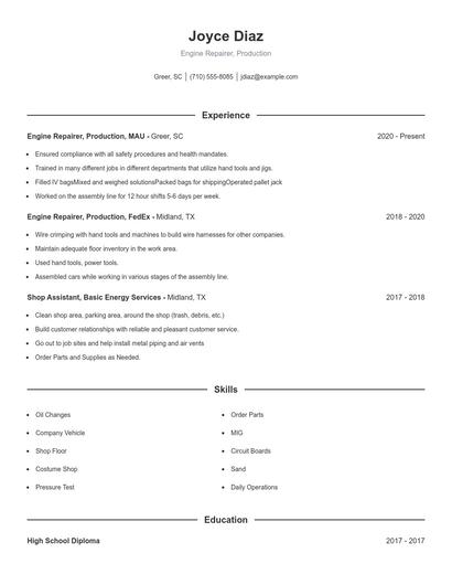 Engine Repairer, Production Resume