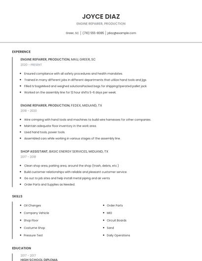 Engine Repairer, Production Resume