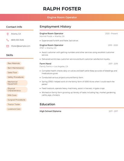 Engine Room Operator Resume