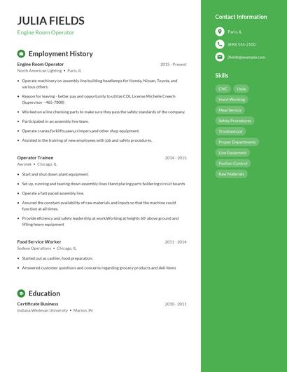 Engine Room Operator Resume