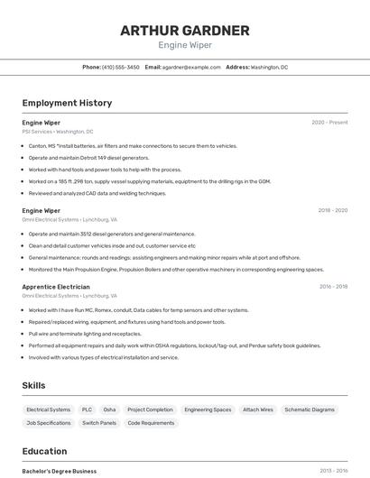 Engine Wiper Resume