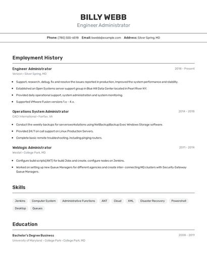 Engineer Administrator Resume