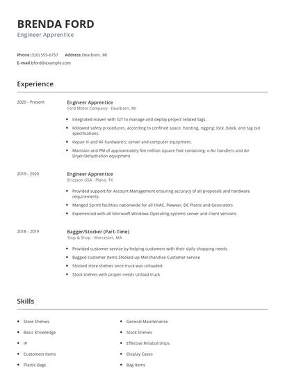 Engineer Apprentice Resume