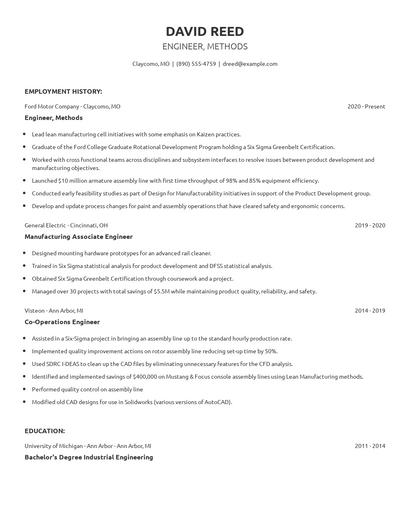 Engineer, Methods Resume