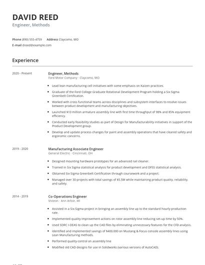 Engineer, Methods Resume
