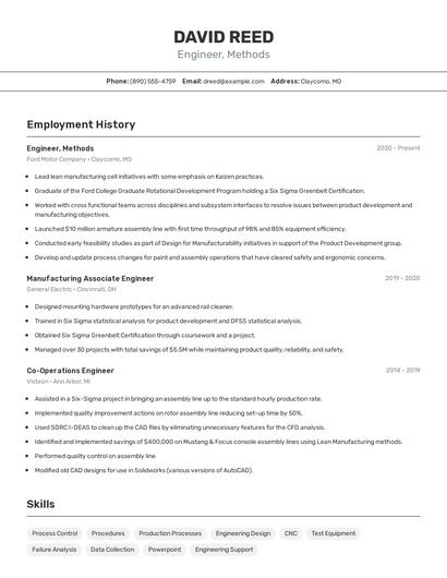 Engineer, Methods Resume