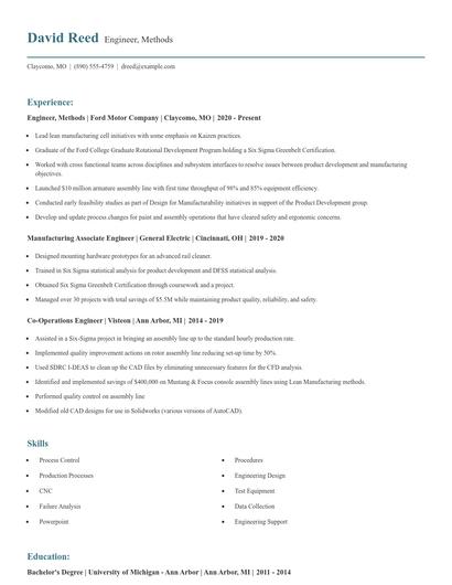 Engineer, Methods Resume