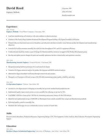 Engineer, Methods Resume
