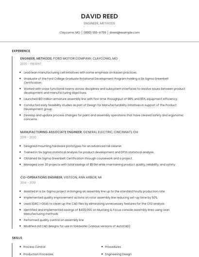 Engineer, Methods Resume