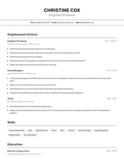 Engineer/Producer Resume