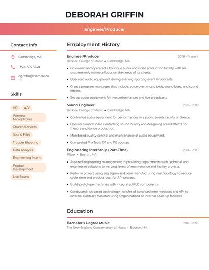 Engineer/Producer Resume