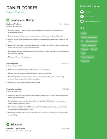Engineer/Producer Resume