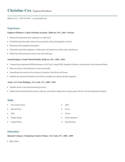 Engineer/Producer Resume