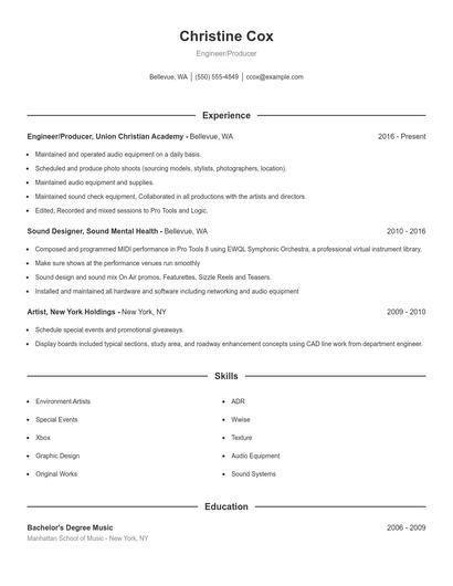 Engineer/Producer Resume
