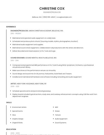 Engineer/Producer Resume