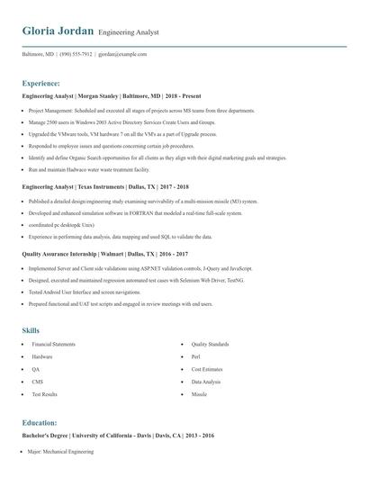 Engineering Analyst Resume