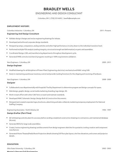 Engineering And Design Consultant Resume