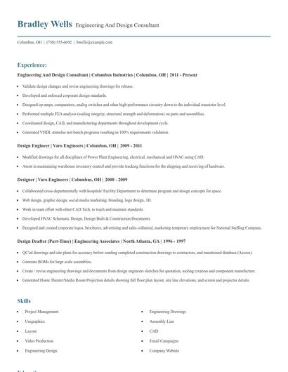 Engineering And Design Consultant Resume