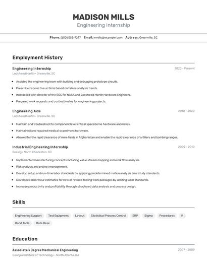 Engineering Internship Resume