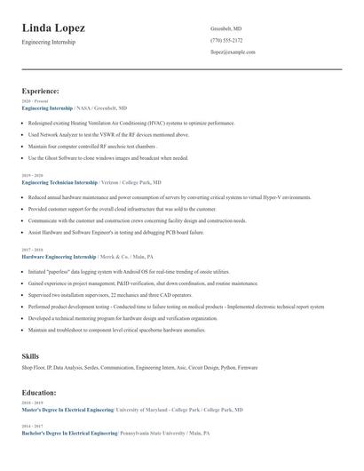 Engineering Internship Resume