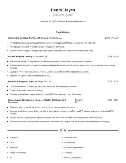 Engineering Manager Resume