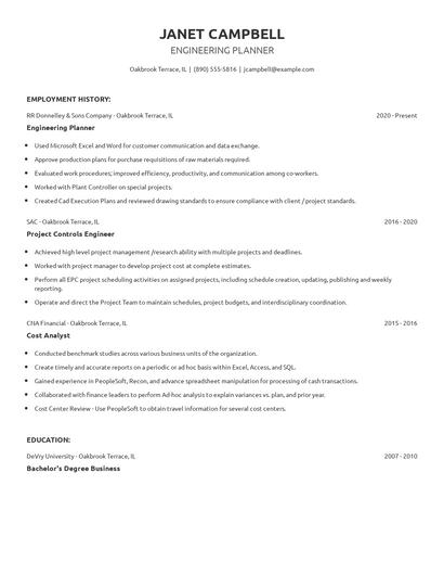 Engineering Planner Resume