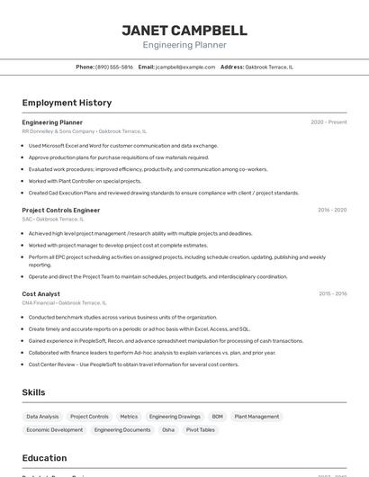Engineering Planner Resume