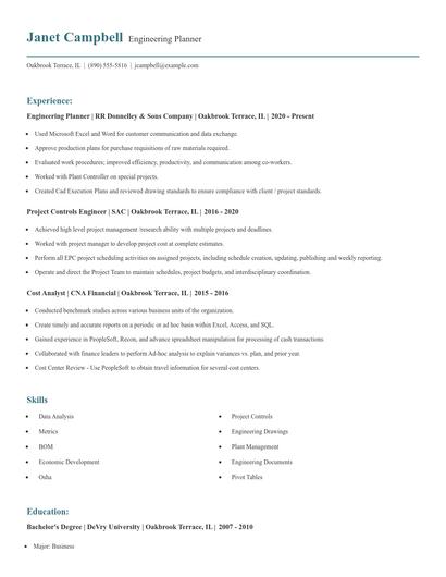 Engineering Planner Resume