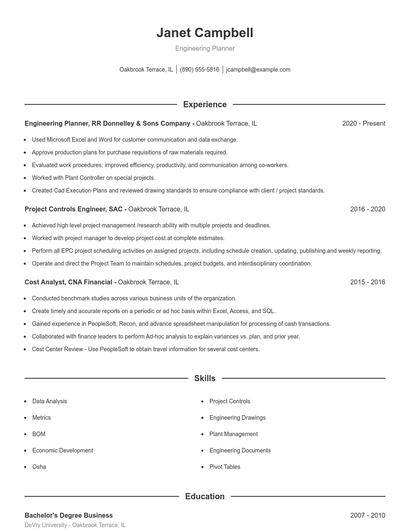 Engineering Planner Resume