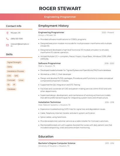 Engineering Programmer Resume