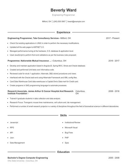 Engineering Programmer Resume