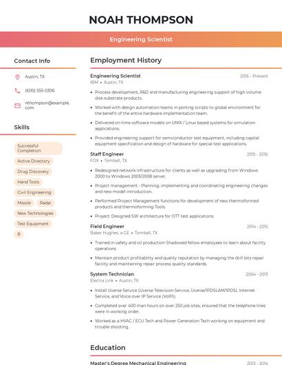 Engineering Scientist Resume