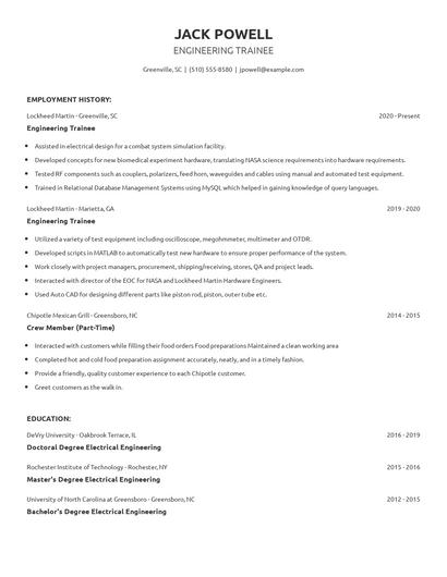 Engineering Trainee Resume