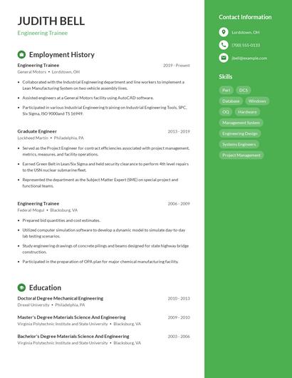 Engineering Trainee Resume