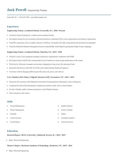 Engineering Trainee Resume