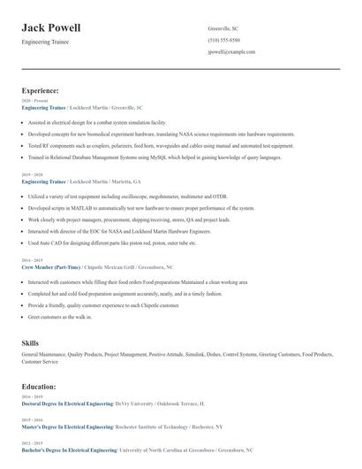 Engineering Trainee Resume
