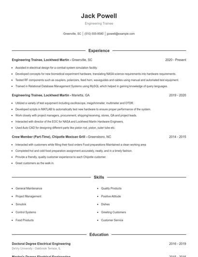 Engineering Trainee Resume