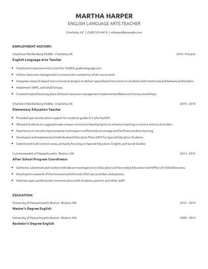 English Language Arts Teacher Resume