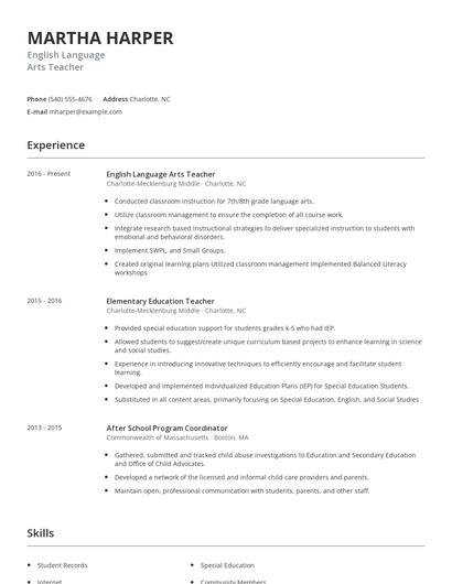 English Language Arts Teacher Resume