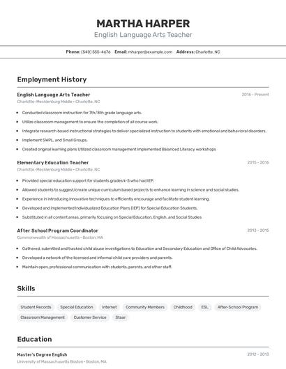 English Language Arts Teacher Resume