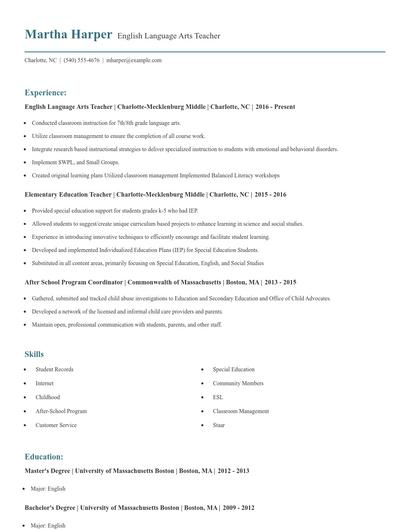 English Language Arts Teacher Resume