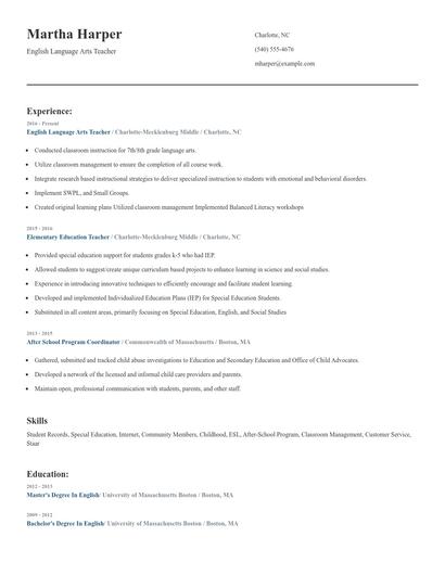 English Language Arts Teacher Resume