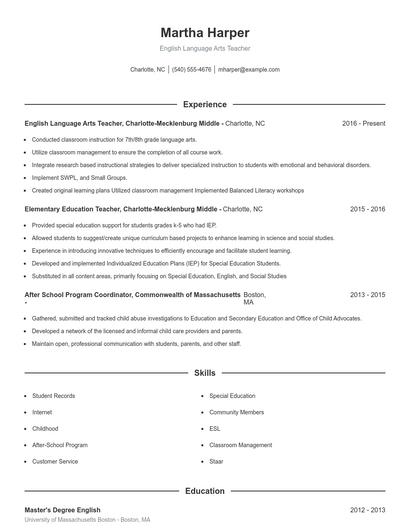 English Language Arts Teacher Resume